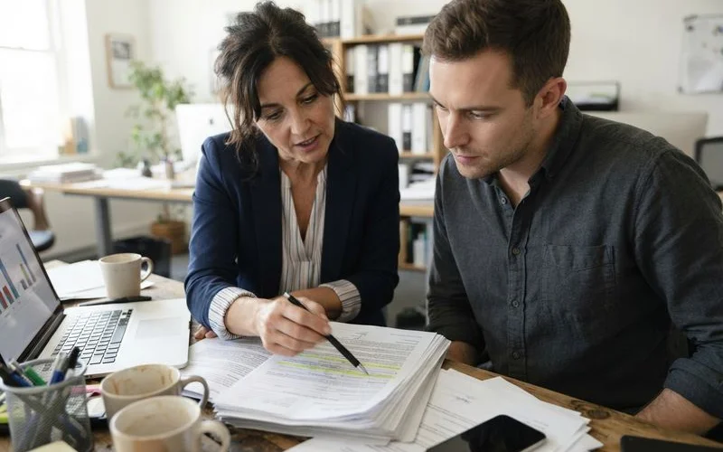 A person and a mortgage broker reviewing paperwork together at a desk during a home loan consultation