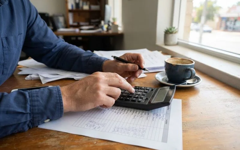A calculator, house keys, and paperwork laid out on a table representing home buying costs