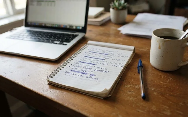 A checklist of questions to ask a mortgage broker written on a notepad next to a laptop