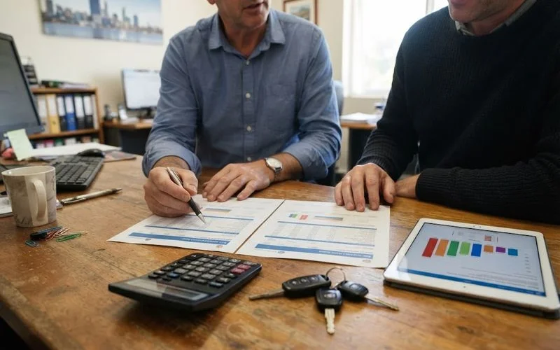 A person comparing car loan interest rates and terms on a laptop before applying