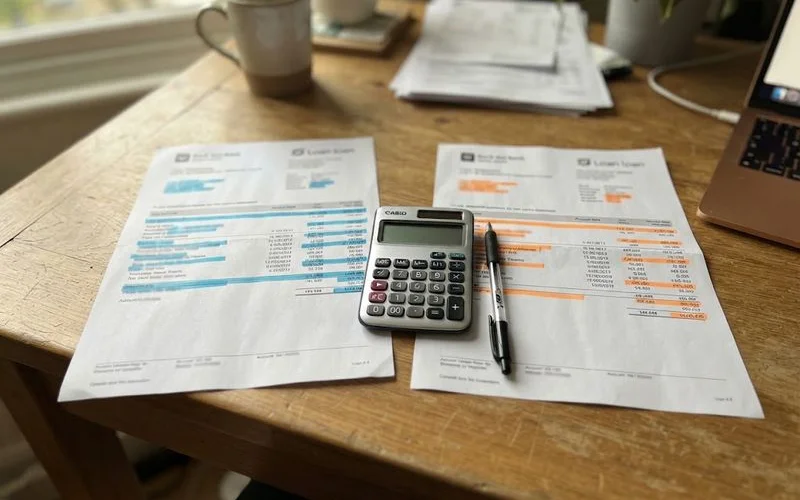 A homeowner comparing two home loan statements side by side at a kitchen table