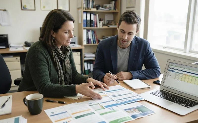 A broker showing a client a laptop comparing several different home loan options side by side