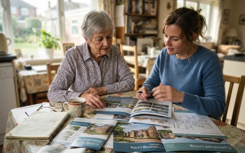 An adult child and older parent discussing housing and finance options together at home