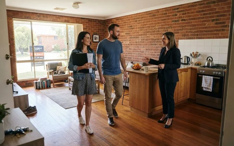 A young couple looking at a house with a real estate sign in a Perth suburb