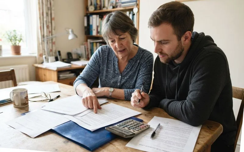 A parent and adult child reviewing paperwork together about a family home loan guarantee