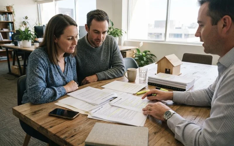 House plans and a building contract laid out next to a model home on a desk