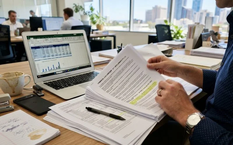 A small business owner reviewing commercial loan paperwork at their workplace