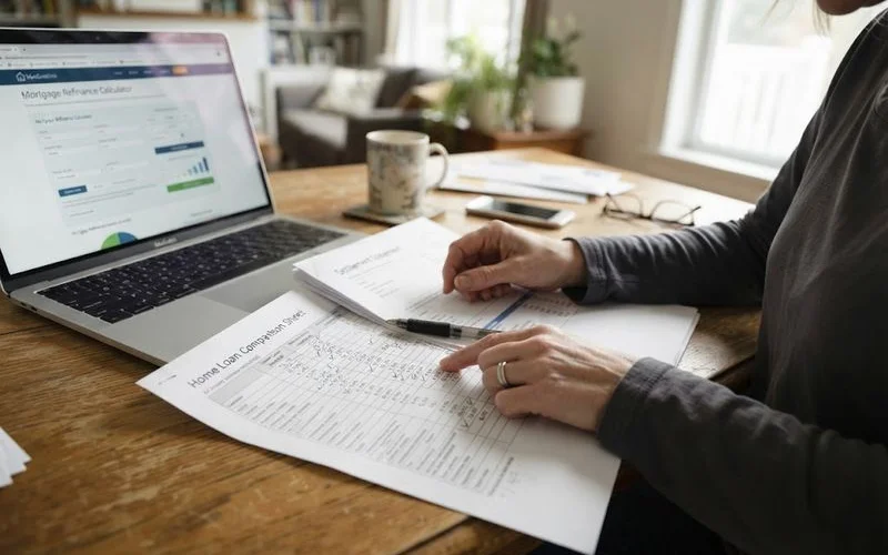 Two people reviewing property and loan paperwork separately at a table