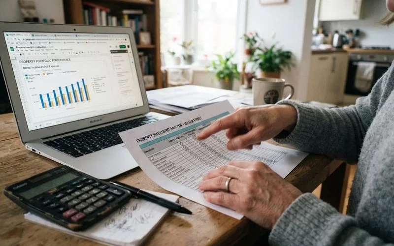 A person reviewing property investment figures and a rental yield calculation on a laptop