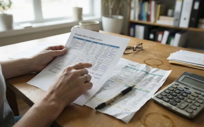 A person reviewing mortgage statements and household budget figures at a kitchen table