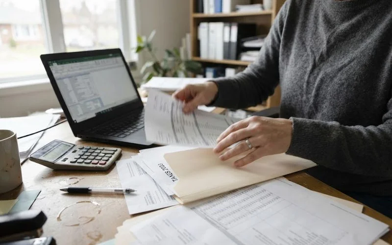A self-employed business owner reviewing tax documents and financial statements at a desk