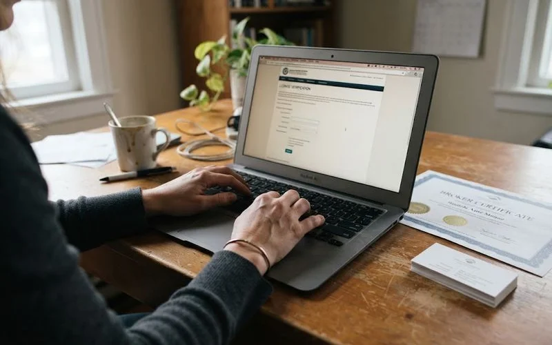 Someone checking a licence register on a laptop before meeting with a mortgage broker